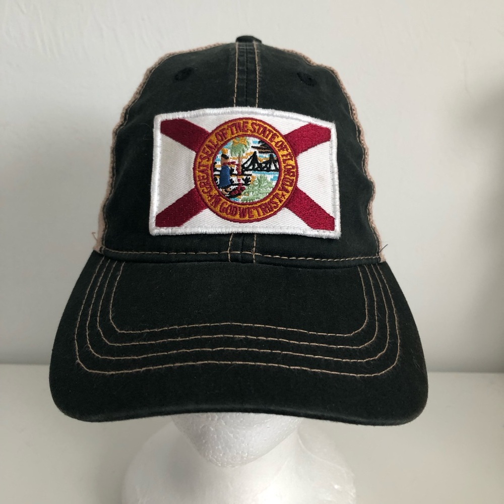 Florida Crackers Black Baseball Cap with Florida Flag Patch and Tan Mesh Back